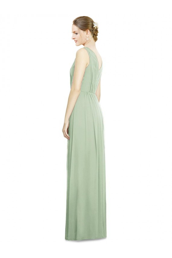 Natural Waist V-Neck Draped Chiffon Bridesmaid Dress for Sale