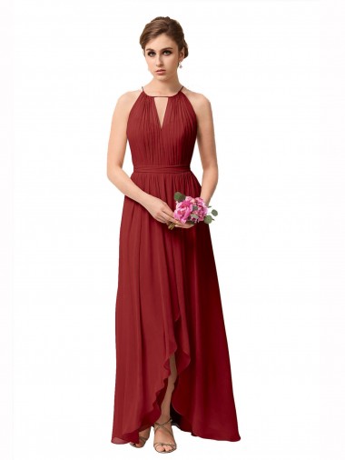 High Low Long Halter Keyhole Chiffon Bridesmaid Dress for Sale