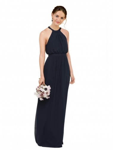High Halter Neckline Chiffon Bridesmaid Dress with Slim Keyhole Back for Sale