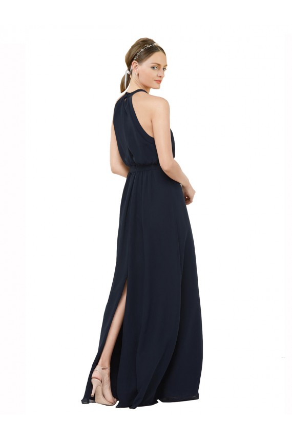 High Halter Neckline Chiffon Bridesmaid Dress with Slim Keyhole Back for Sale