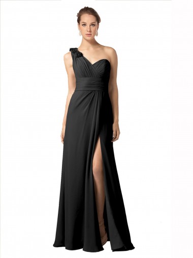 Sheer One Shoulder Chiffon A-Line Bridesmaid Dress with Slit for Sale