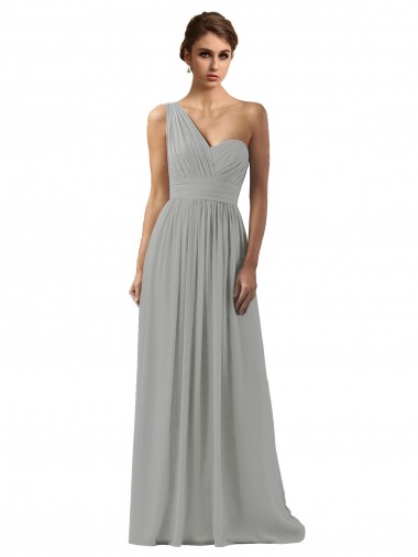 Ruffled One Shoulder Floor Length Long Chiffon Bridesmaid Dress for Sale