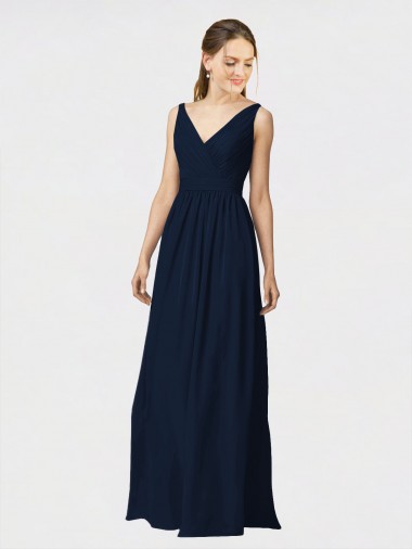 Long Chiffon Bridesmaid Dress with Shirred Bodice and V-Neckline for Sale