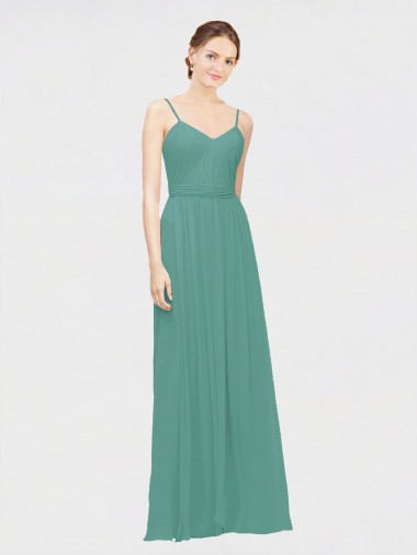 Rouched V-Neckline and Spaghetti Straps Long Chiffon Bridesmaid Dress for Sale