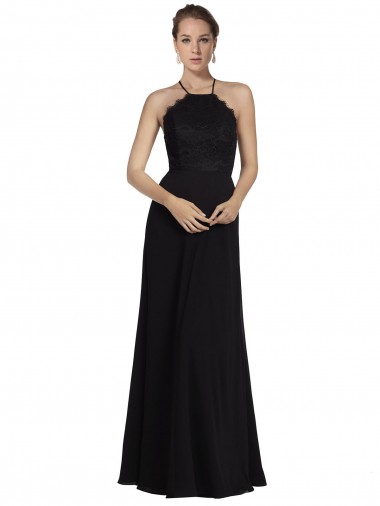 Lace Halter Neckline Chiffon A-Line Bridesmaid Dress with Sheer Back for Sale
