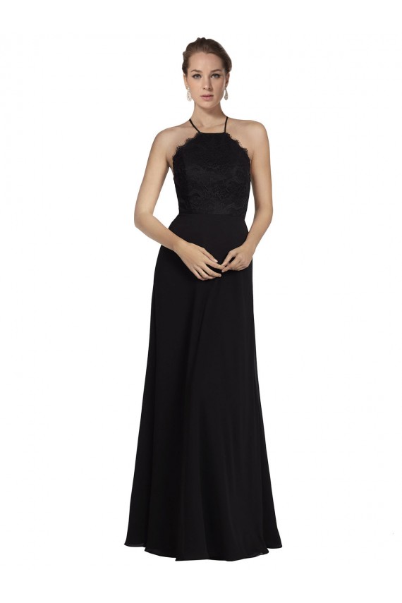 Lace Halter Neckline Chiffon A-Line Bridesmaid Dress with Sheer Back for Sale