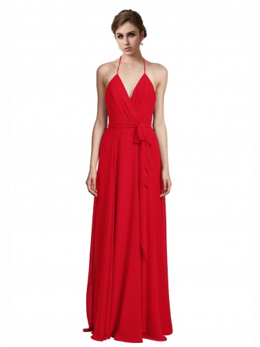 V-Neck Spaghetti Halter Strap Chiffon Bridesmaid Dress for Sale