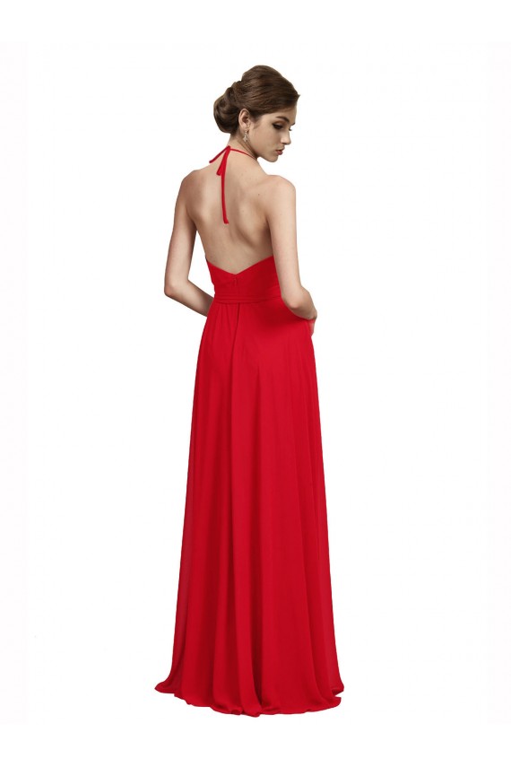 V-Neck Spaghetti Halter Strap Chiffon Bridesmaid Dress for Sale