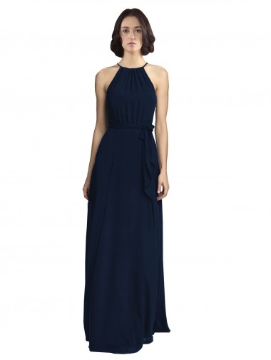 High Neckline Floor Length Chiffon Bridesmaid Dress with Belt for Sale