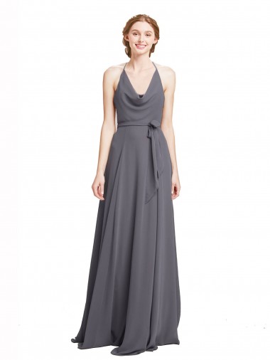 Spaghetti Strap Long Chiffon Bridesmaids Dress with Halter Cowl Neck for Sale
