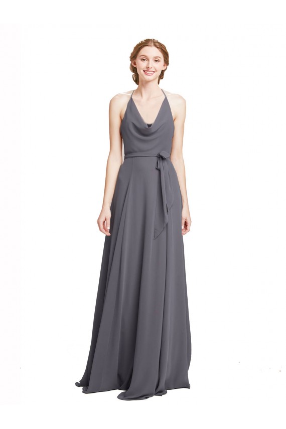 Spaghetti Strap Long Chiffon Bridesmaids Dress with Halter Cowl Neck for Sale