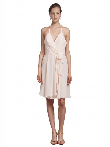 Short Knee Length Wrap Chiffon Halter Bridesmaids Dress for Sale