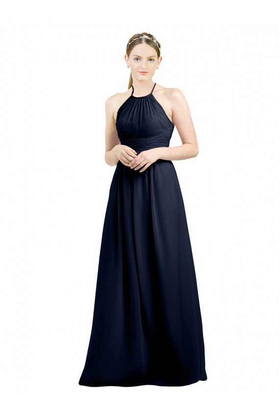 Halter High Neck Long Chiffon Bridesmaid Dress with Open Back for Sale