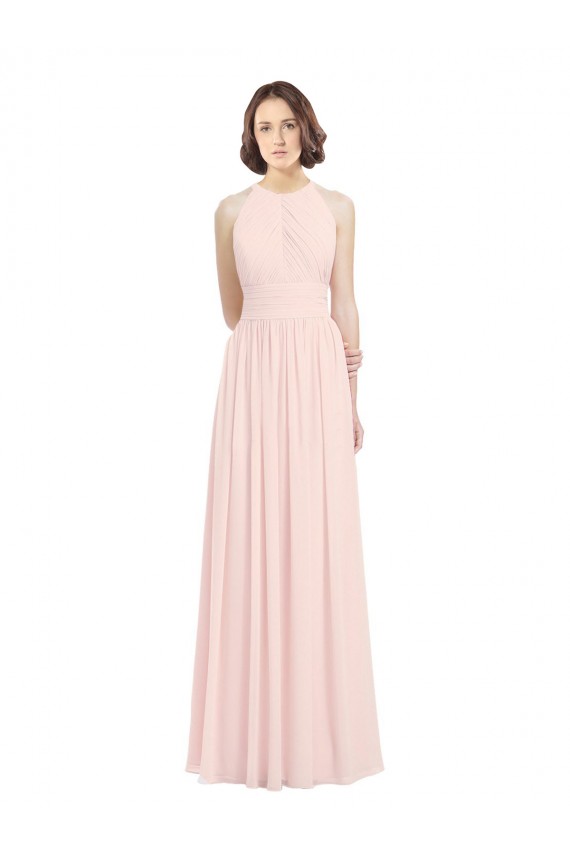 Sleeveless Chiffon High Neck Bridesmaid Dress with Diagonal Pleats for Sale