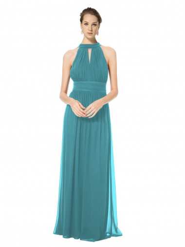 Ruched Long Chiffon Halter Bridesmaid Dress with Tie Back and Tails for Sale