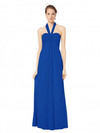 Sleeveless Long Chiffon Empire Gown with Pleated Halter Straps for Sale
