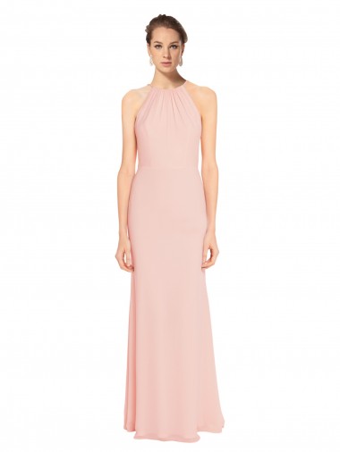 High Neck Long Chiffon Halter Bridesmaid Dress with Drape Chiffon Overlay for Sale