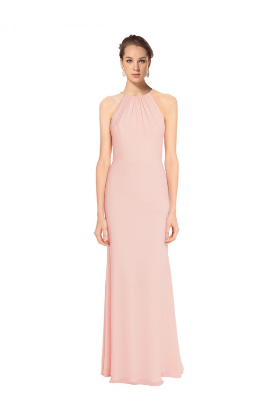 High Neck Long Chiffon Halter Bridesmaid Dress with Drape Chiffon Overlay for Sale