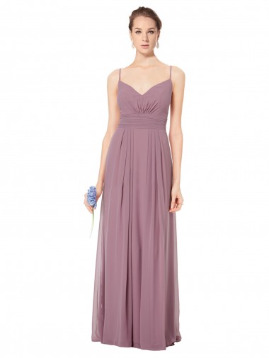 V-Neck Spaghetti Strap Open Back Long Chiffon Bridesmaid Dress for Sale