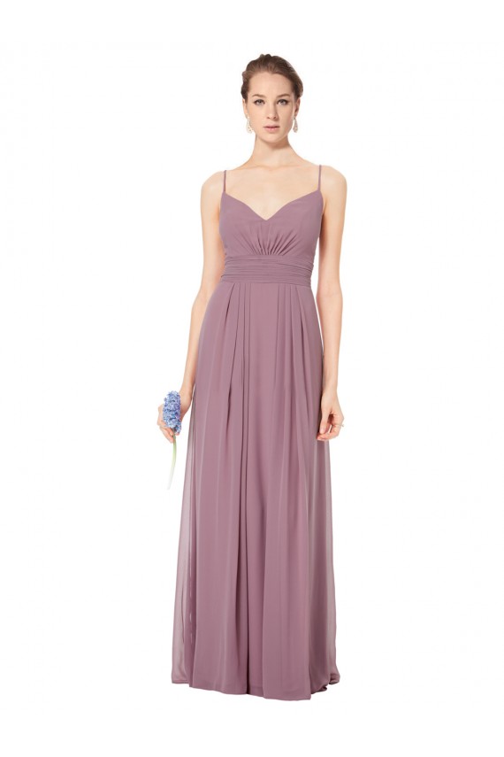 V-Neck Spaghetti Strap Open Back Long Chiffon Bridesmaid Dress for Sale