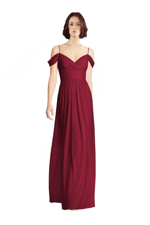 Off the Shoulder Long Chiffon Bridesmaid Dress with Pleated Sleeves for Sale