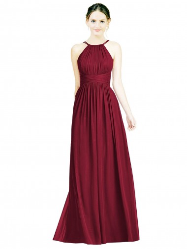 Halter Neck Open Back Draped Chiffon Bridesmaid Dress for Sale