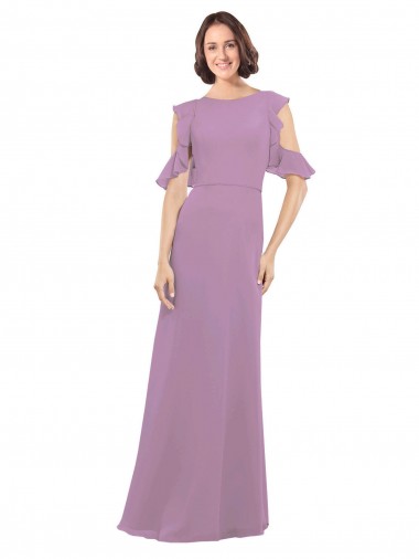 Long Chiffon Bridesmaids Dress with Flounced Sleeve Detail and Criss Cross Back for Sale