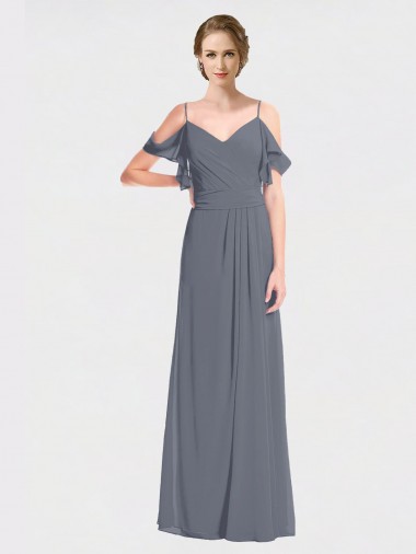 Long Chiffon Spaghetti Strap V-Neck Bridesmaid Dress with Off-The-Shoulder Flutter Sleeves for Sale
