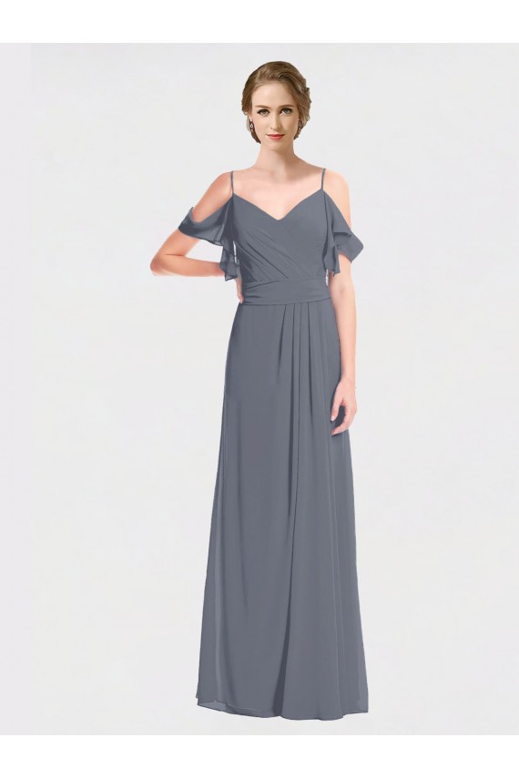 Long Chiffon Spaghetti Strap V-Neck Bridesmaid Dress with Off-The-Shoulder Flutter Sleeves for Sale