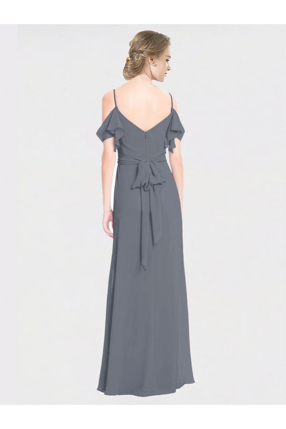 Long Chiffon Spaghetti Strap V-Neck Bridesmaid Dress with Off-The-Shoulder Flutter Sleeves for Sale