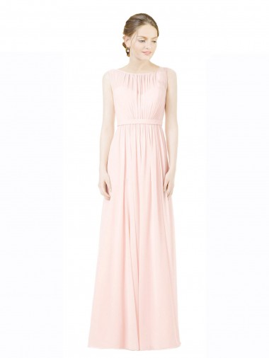 Long Chiffon Sleeveless Bridesmaid Dress with Sheer Illusion Top and V-Back for Sale