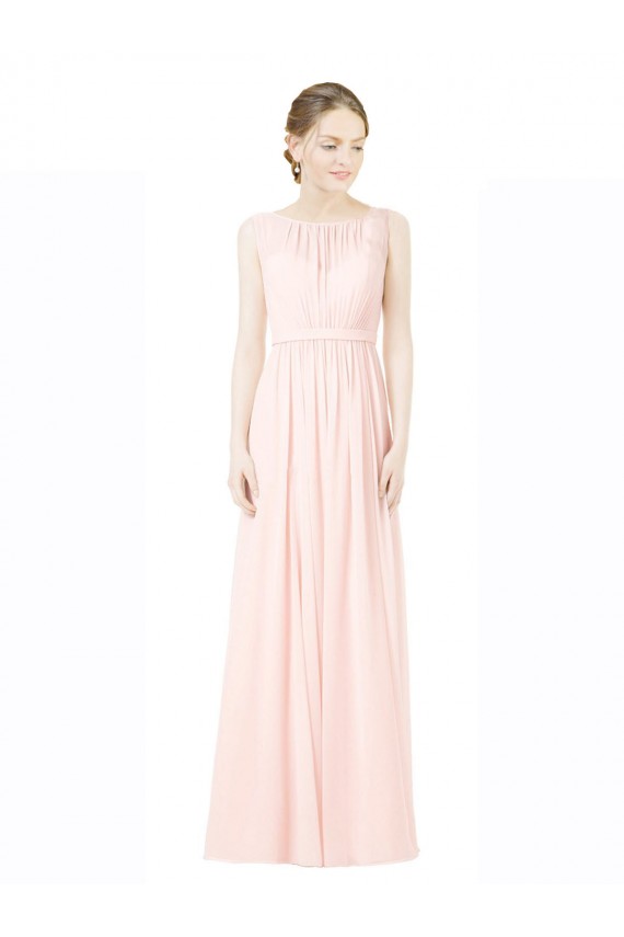 Long Chiffon Sleeveless Bridesmaid Dress with Sheer Illusion Top and V-Back for Sale