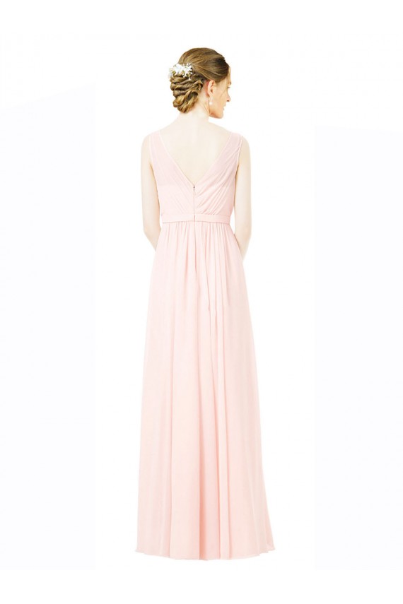 Long Chiffon Sleeveless Bridesmaid Dress with Sheer Illusion Top and V-Back for Sale