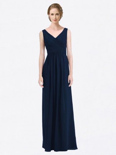 Long Chiffon V-Neck Sleeveless Bridesmaid Dress with Criss-Cross Pleated Bodice for Sale