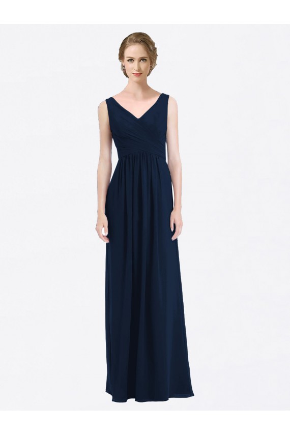 Long Chiffon V-Neck Sleeveless Bridesmaid Dress with Criss-Cross Pleated Bodice for Sale