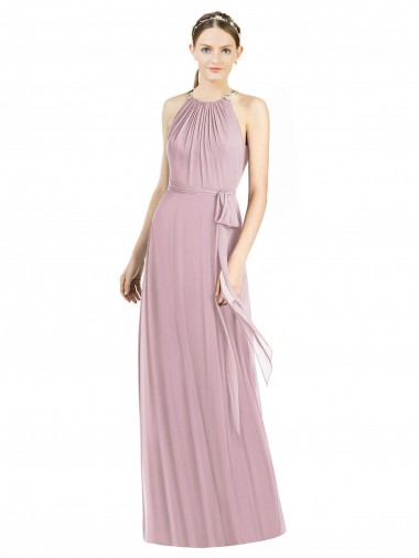 Shirred Halter Neck Long Chiffon Bridesmaid Dress for Sale