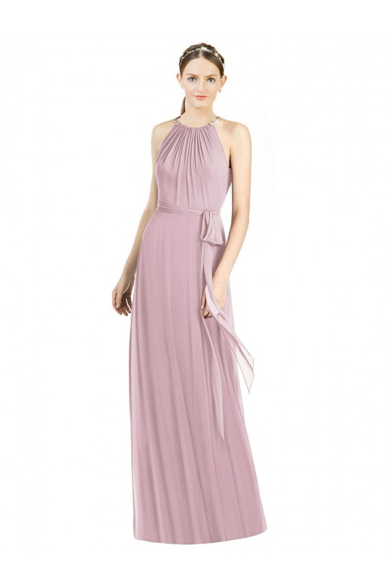 Shirred Halter Neck Long Chiffon Bridesmaid Dress for Sale