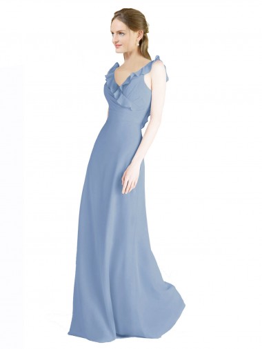 Fluted Chiffon Wrap Bridesmaid Dress with Ruffles V-Neck for Sale
