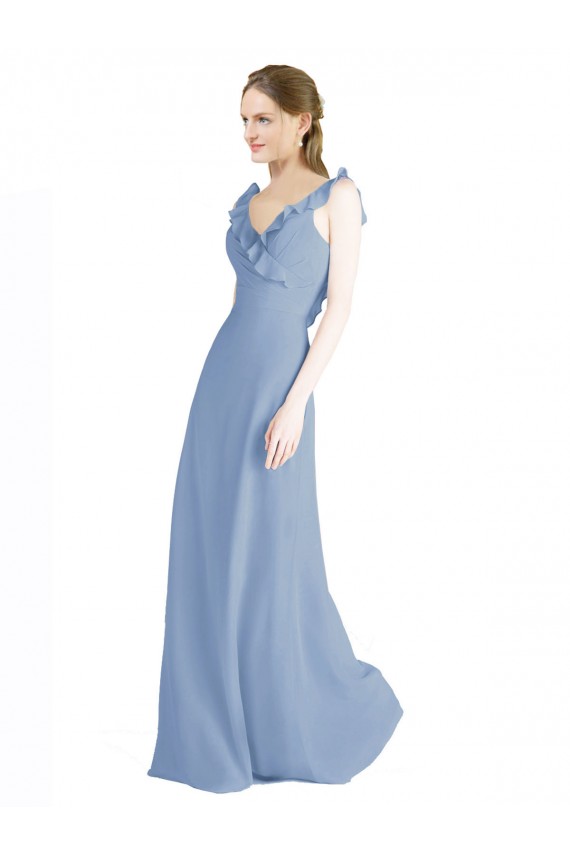 Fluted Chiffon Wrap Bridesmaid Dress with Ruffles V-Neck for Sale
