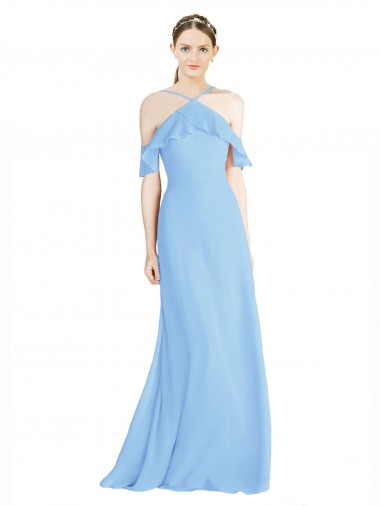 Halter Frill Cold Shoulder A-Line Chiffon Bridesmaid Dress for Sale
