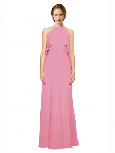 Ruffle Halter Neck A-Line Chiffon Bridesmaid Dress with Open Back for Sale