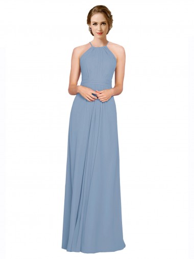 Pleated Halter Neckline A-Line Chiffon Bridesmaid with Criss Cross Back for Sale