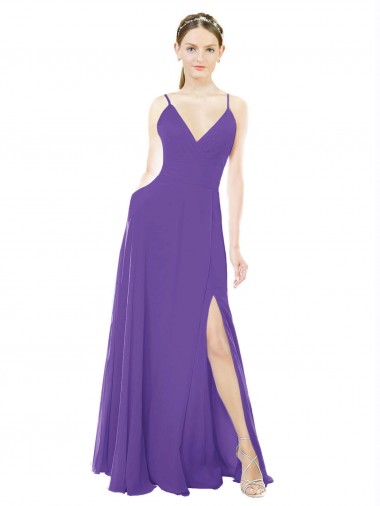 Long Chiffon A-Line Bridesmaid Dress with Deep V-Neckline and Side Slit for Sale