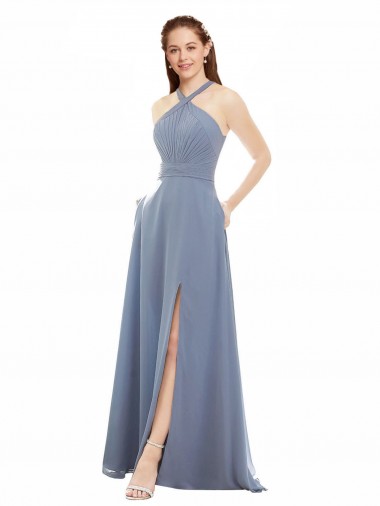 High Neck Chiffon Bridesmaid Dress with Draped Bodice & Pockets for Sale