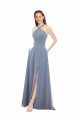 High Neck Chiffon Bridesmaid Dress with Draped Bodice & Pockets for Sale