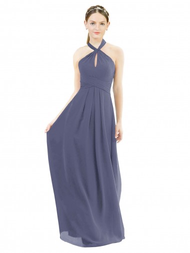 High Halter Neck Chiffon Bridesmaid Dress with Twist-Tie for Sale