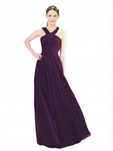 Draped Long Chiffon Bridesmaid Dress with Unique Crossed Neckline for Sale