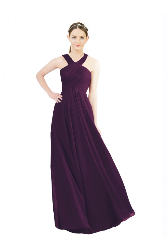 Draped Long Chiffon Bridesmaid Dress with Unique Crossed Neckline for Sale
