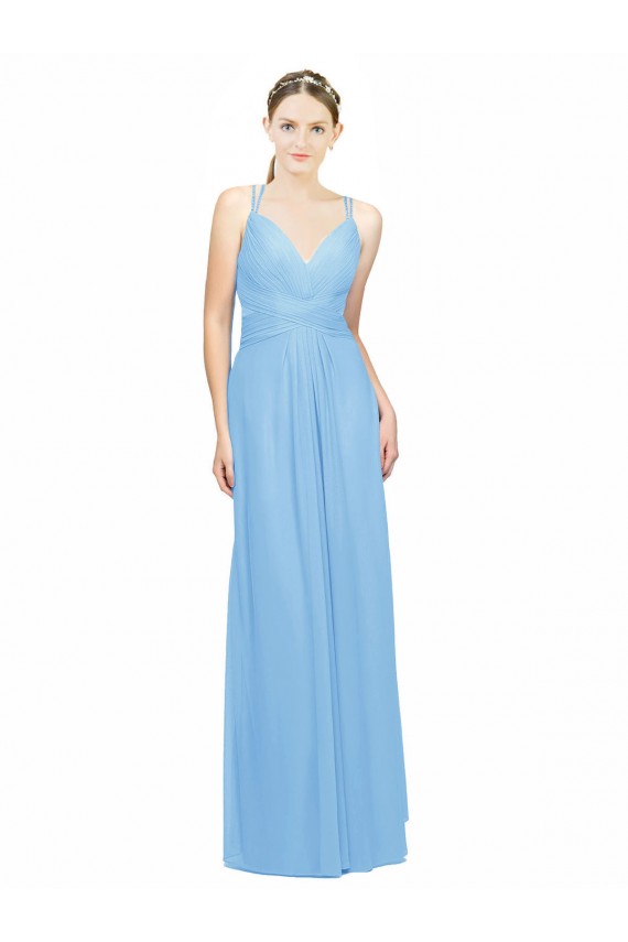 Double Straps Shoulder V-Neck Sheath Chiffon Bridesmaid Dress with Keyhole Back for Sale