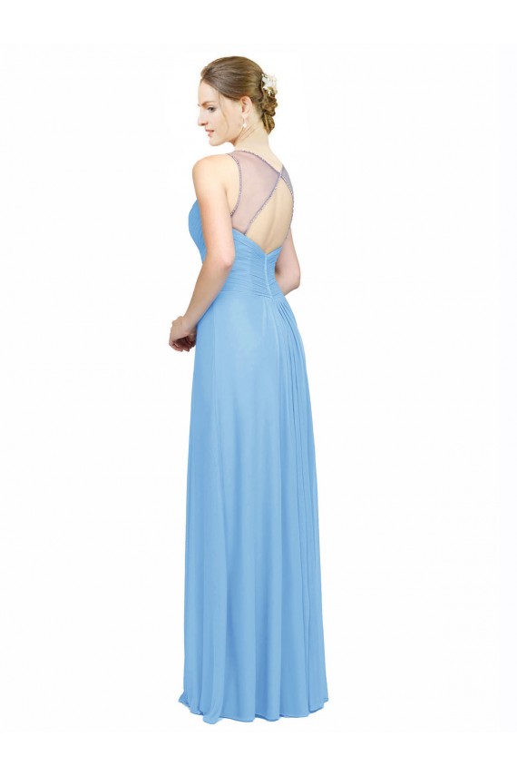 Double Straps Shoulder V-Neck Sheath Chiffon Bridesmaid Dress with Keyhole Back for Sale
